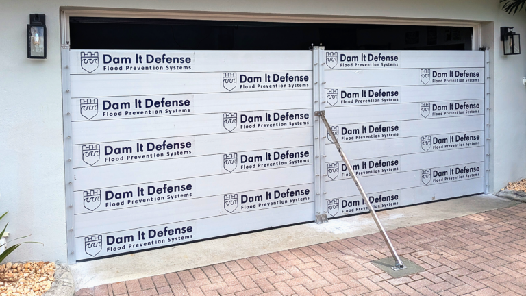 Flood barrier installed on garage opening